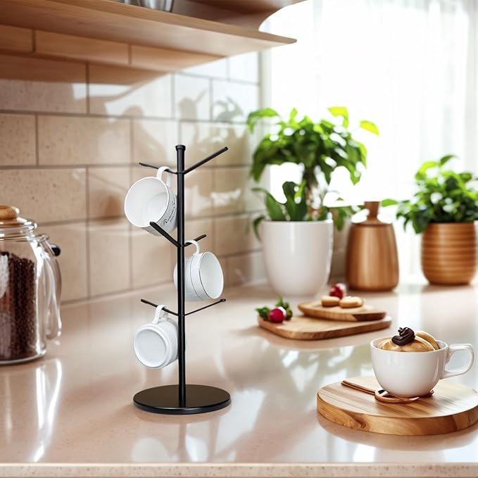 Premium Mug Tree, 6 Hooks Upgraded Stable Metal Mug Holder, Bamboo Base Coffee