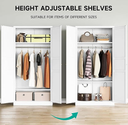 Metal Wardrobe Cabinet with Hanging Rod,White Armoire Wardrobe Closet,Metal Clothing Storage Cabinet with Adjustable Shelves and Doors,72" Wardrobes Storage Cabinet for Home,Living/Laundry Room