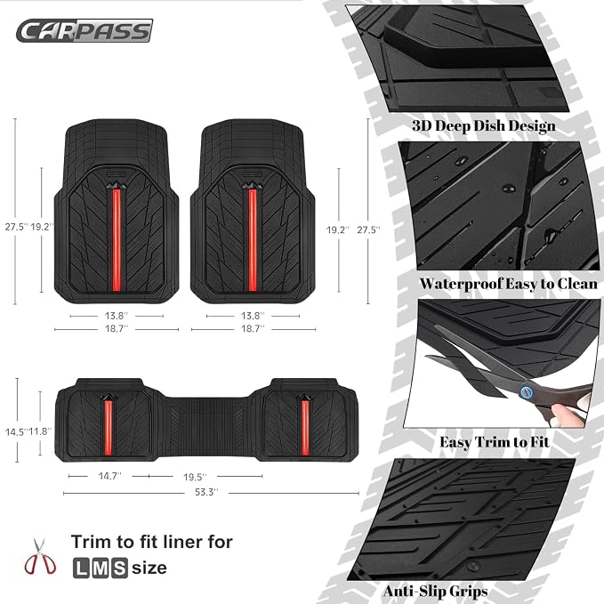 CAR PASS Rubber Floor Mats for Cars, Car Mats Full Sets DeepDish,Universal S~L Size Trim-to Fit Automotive Floor Mat for Truck Van SUV, Heavy Duty Waterproof All-Weather Floor liners Durable Black Red