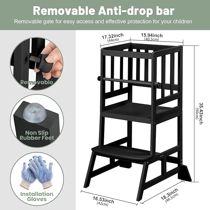 COSYLAND Toddler Standing Tower - Adjustable Height Toddler Kitchen Stool Helper - Kids Kitchen Step Stool for Learning with Removable Safety Railing Black