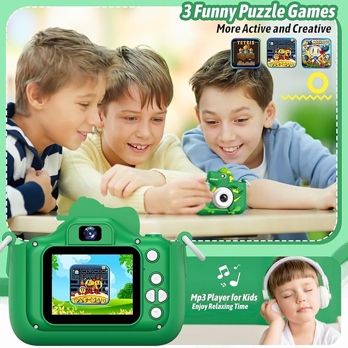 Dwfit Upgrade Selfie Kids Camera, Christmas Birthday Gifts for Boys Girls Age 3-12, HD Kids Digital Video Cameras for Toddler with Cartoon Soft Silicone Cover, Portable Toy for 3 4 5 6 7 8 Years Old