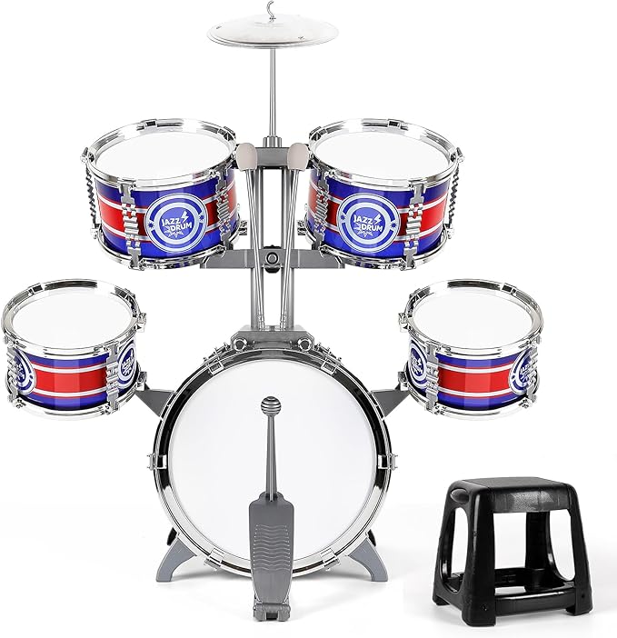 Kids Drum Set, Drum Set for Toddlers with Stool Upgraded Plastic Rock Jazz Drum Kit Musical Instruments Toys Gifts for 1 3 5 7 9 12 Years Boys Girls
