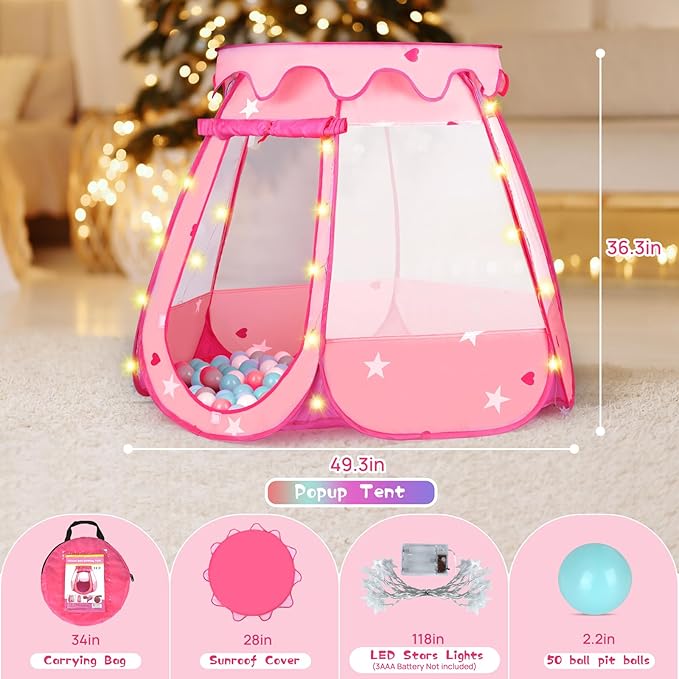 Baby Ball Pit for Toddler with 50 Balls, Pop Up Princess Tent with Star Lights for 1 2 3 Year Old Birthday Gift, 12-18 Months Baby Girl Toys with Carrying Bag, Indoor&Outdoor Play Tent for Kids