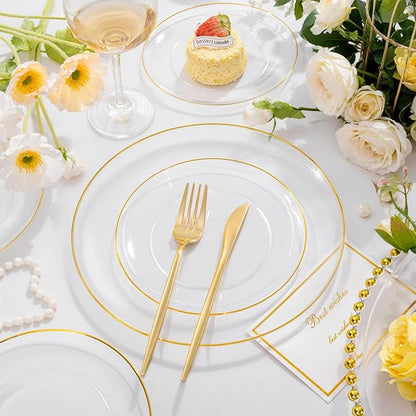 bUCLA 200PCS Clear and Gold Plastic Plates - Clear Disposable Plates with Gold Rim, Includes 100 PCS 10 inch Dinner Plates and 100 PCS 7 inch Dessert Plates for Party&Wedding