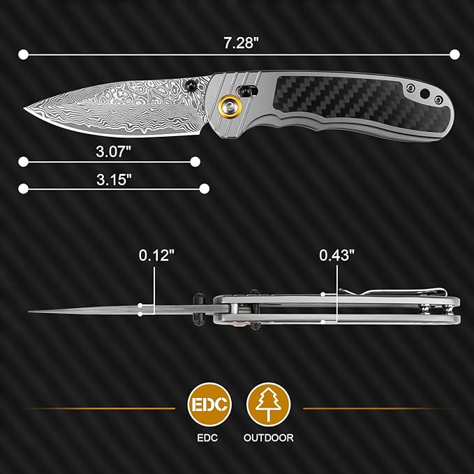 Damascus Pocket Knife for Men Women, 3.15" Damascus Steel Blade Pocket Knives & Folding Knives with Carbon Fiber Overlay Handle