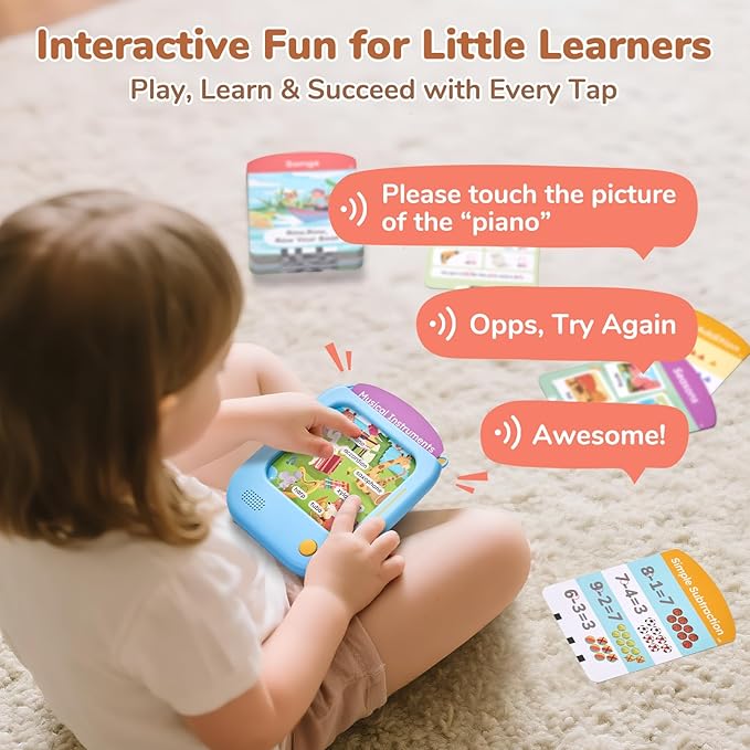 JoyCat Kids Learning Tablet: 156 Pages Tap-to-Read Flash Cards with 20 Listen & Find Games, Montessori Toy for Alphabet, Phonics, Words, Simple Math, Colors, Shapes & Songs - Autism Gifts (Ages 2-6)
