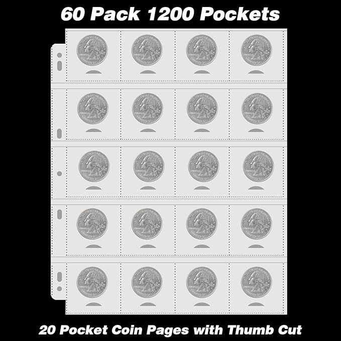 60 PCS 20-Pocket Thumb-Cut Coin Pages - Coin Pocket Pages for 2 x 2.1 Inch Cardboard Coin Holders, Collecting Sleeves for Coin Flips, 1000 Pockets for Coin Binder, Coin Collection Storage Supplies