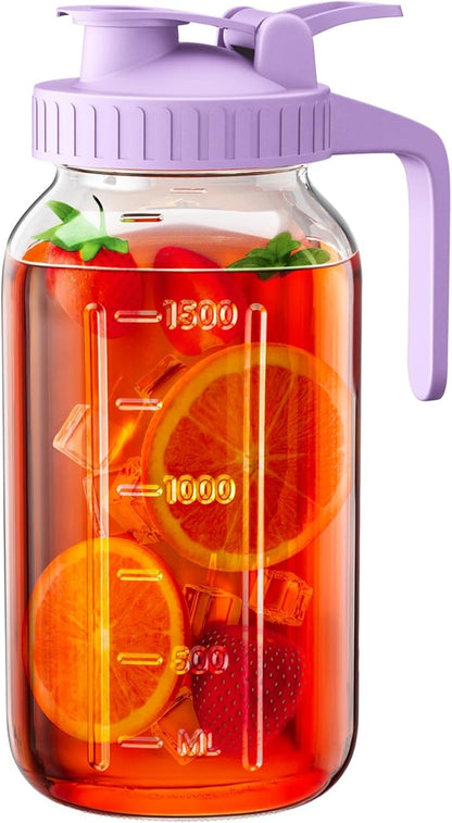 64 oz Glass Pitcher with Lid, Large Wide Mouth Mason Jar with Pour Spout