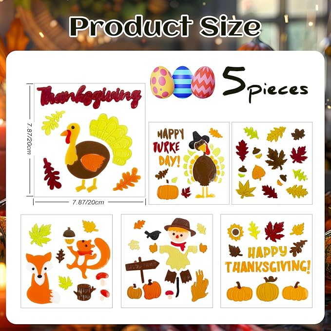 Fall Thanksgiving Window Gel Clings, Happy Thanksgiving Pumpkin Turkey Maple Leaf Scarecrow, School Home Supplies