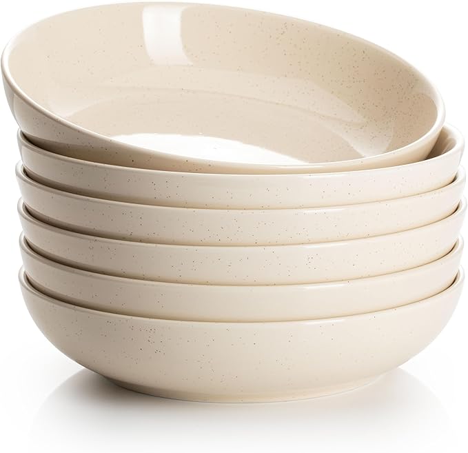 Sweese 22oz Porcelain Salad Serving Bowls Set, Microwave Dishwasher Safe, 7.6 Inch, Beige, 6-Pack
