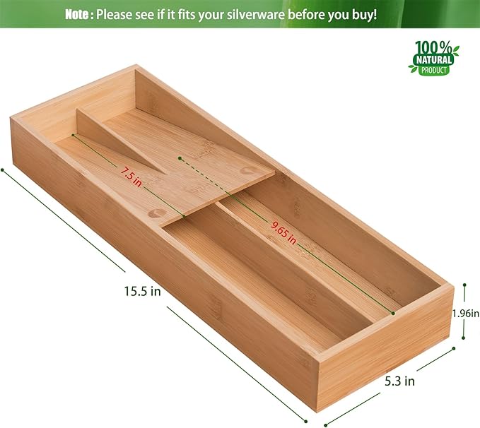 Bamboo Silverware Drawer Organizer, Kitchen Small Silverware Organizer, Utensil Tray Holder, Cutlery Tray for Spoons, Forks, Knives, Suitable for a family of 2-4