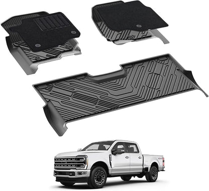 3W Floor Mats & Front Carpet for Ford Super Duty Crew Cab F-250 & F-350 & F-450 & F-550 (2017-2024 2025), All-Weather Storage TPE 1st & 2nd Row Liners, Bucket Seat Compatible, Not for Vinyl Floor