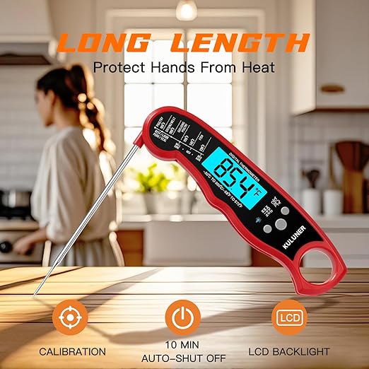 KULUNER TP-01 Waterproof Digital Instant Read Meat Thermometer with 4.6 Folding Probe Backlight Calibration Function for Cooking Food Candy, BBQ Grill, Liquids,Beef（Red）