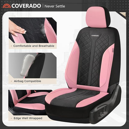 Coverado Automotive Seat Covers Full Set, Luxury Car Seat Covers, Leather Seat Covers, Mesh Design, Pink Driver Seat Protectors, Universal Fit for SUVs, Trucks, Sedans