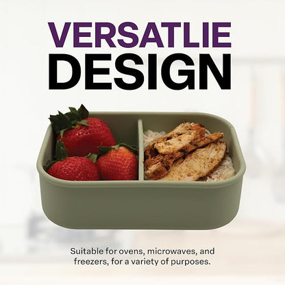 Silicone Bento Box, 2 Compartments, BPA-Free, Leak-Resistant, Dishwasher and Microwave Safe, Perfect for Work, Travel & Meal Prep, (Green)