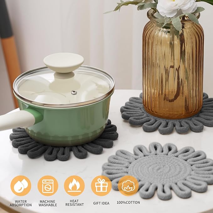 Trivets for Hot Dishes, Hot pots and Pans, Heat Resistant Hot Pads, Pot Holders for Kitchen, Hot Plate Mats Pads for Kitchen Countertops, Table, Home Essentials, Farmhouse Decor 100% Cotton,7"