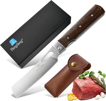 Folding Chef Knife with Leather Pouch 4.8" Sharp 440A Stainless Steel Blade Wooden Handle Pocket Foldable Japanese Style Kitchen Knife for Outdoor Camping Cooking.