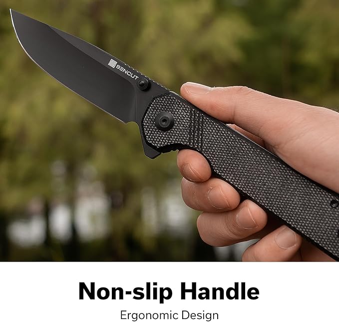 SENCUT Aetheris Pocket Knife, EDC Folding Knife with 3.68'' 9Cr18MoV Blade & Canvas Micarta Handle, Reversible Clip for Camping Hiking S24095-3(Black)