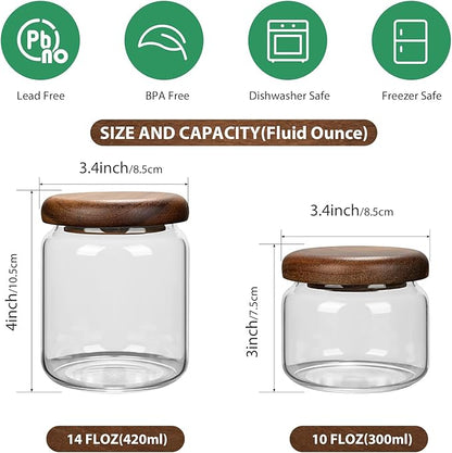 1 PC Small Glass Storage Jars with Airtight Lids, 14 FL OZ (420ml) coffee container with Wooden Lid, Glass Pantry Canister for Beans, Rice, Sugar and etc