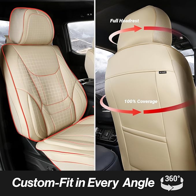 Coverland Custom Truck Car Seat Covers Front Seats for [2019-2026 RAM 2500, 3500 Regular Cab Bucket Seats] - Protector Water Resistant Leather Memory Form Back Support Seat Cushion [Front-Beige]