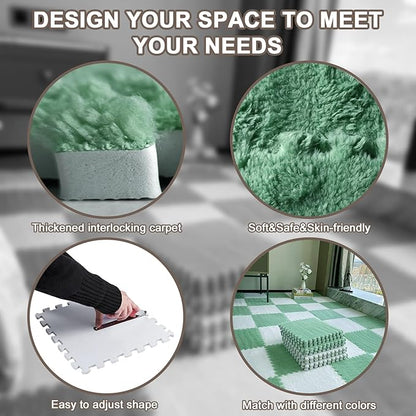 16pcs 0.6" Thickened Interlocking Tile Mats,Fluffy Shaggy Soft EVA Foam Area Rug for Living Room & Bedroom,Non-Slip Protective Floor Carpet Play Mat Kids Dorm Home Decor (11.8ft, Mint Green)