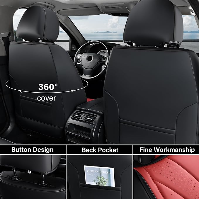 Coverado Seat Covers Full Set, Leather Car Seat Covers, Waterproof Seat Covers for Cars, Front and Back Seat Covers, Car Seat Protectors Car Seat Cushions Universal Fit for Most Cars, Black&Red