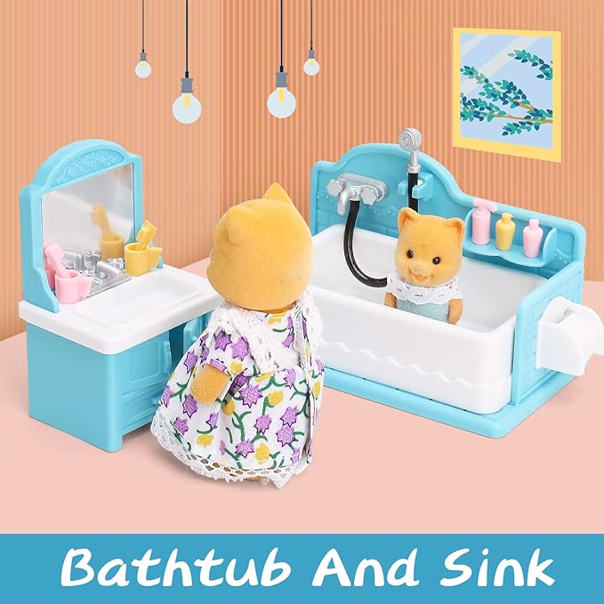 Dollhouse Furniture Set for Kids Toys Miniature Doll House Accessories Pretend Play Toys for Boys Girls & Toddlers Age 3+ with Bathroom
