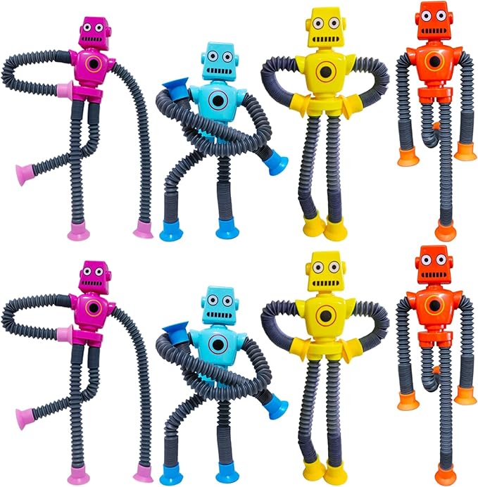 8 PCS Suction Cup Robot Toy,Shape Changing Telescopic Pop Tubes Autism Sensory Toy Kids Girls Boys Toddlers Adult,Funny Robot Action Figure Bendable Fidget Toy Gift Birthday Party Favors Christmas