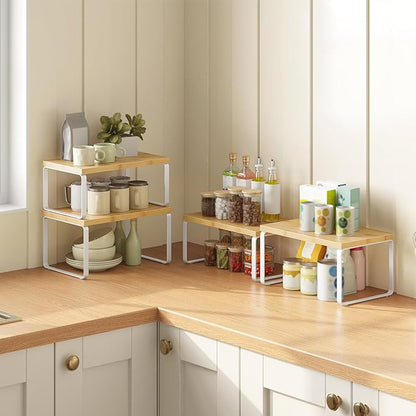 HOOBRO Cabinet Organizer Shelf, Expandable Kitchen Storage, Stackable Bamboo