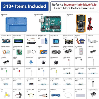 SunFounder Inventor Lab Starter Kit with Original Arduino Uno R3 REV3 Board Multimeter Basic to Advance 34 Projects RAB Breadboard Holder HCSR-04 Sensor 1602 LCD Servo Motor