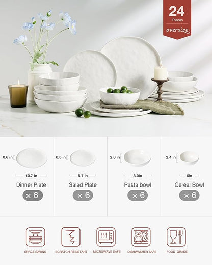 Famiware Porcelain kitchen plates and bowls set, Modern dishes set for 6, Handmade Wave Edge Dinnerware Sets, Microwave and Dishwasher Safe Tableware, Polar White (24pc)