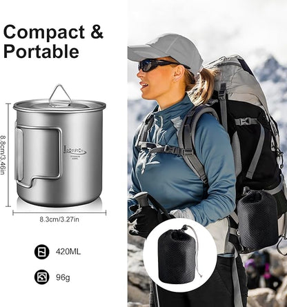 Titanium Pot with Lid, Lightweight Camping Pot with Foldable Handles, Portable Titanium Cooking Pot, Backpacking Pot Titanium Cookware with Carry Bag