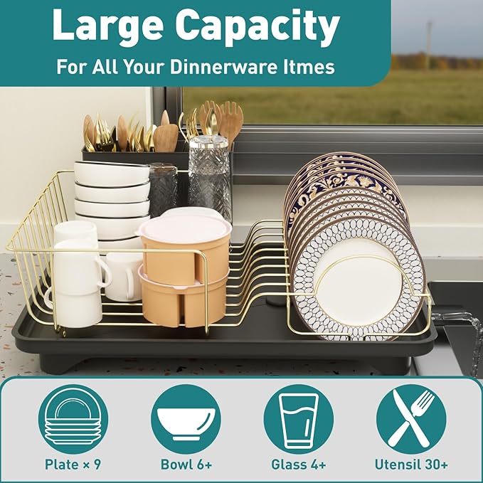 Buruis Dish Drying Rack for Kitchen Countertop, Large Capacity Gold Stainless
