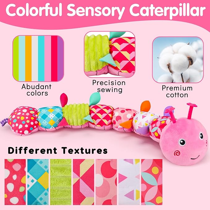 Baby Tummy Time Toy 0-6 Month Musical Stuffed Animal Plush Caterpillar Toy for Infant 6-12 Month Teething Sensory Toy with Crinkle Rattle for Babies 0-3-6 Month Newborn Toys Girl Shower