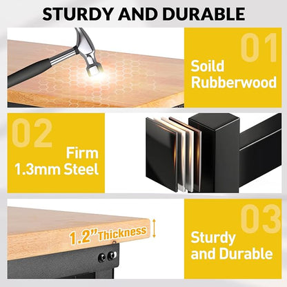 48“ Adjustable Height Workbench Work Bench for Garage Work Table with Under Table Shelf Heavy Duty Rubber Wood Top for Shop Woodworking, Office, Home, Commercial