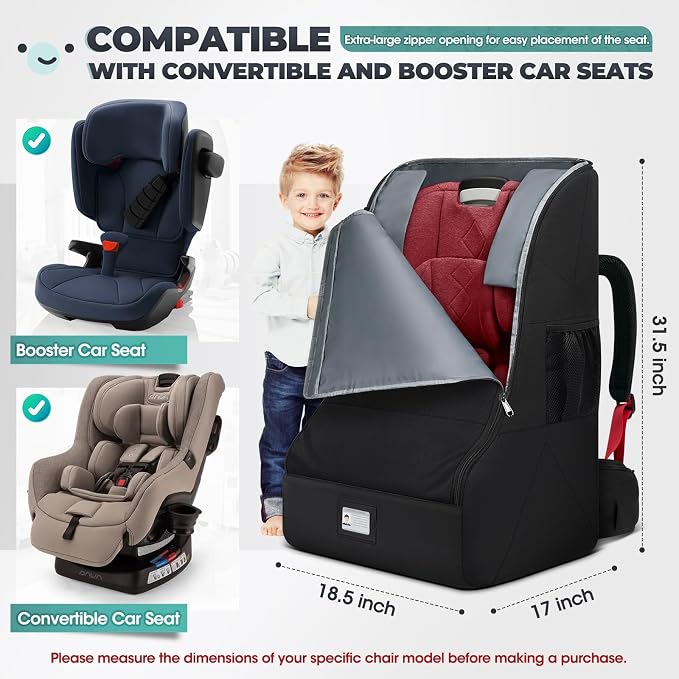 RAINSMORE Padded Car Seat Travel Bag for Airplane Heavy Duty Car Seat Backpack for Air Travel Baby Carseat Cover Bags for Airport Large Car Seats Carrier Fits Car Seats & Booster Seats, Black