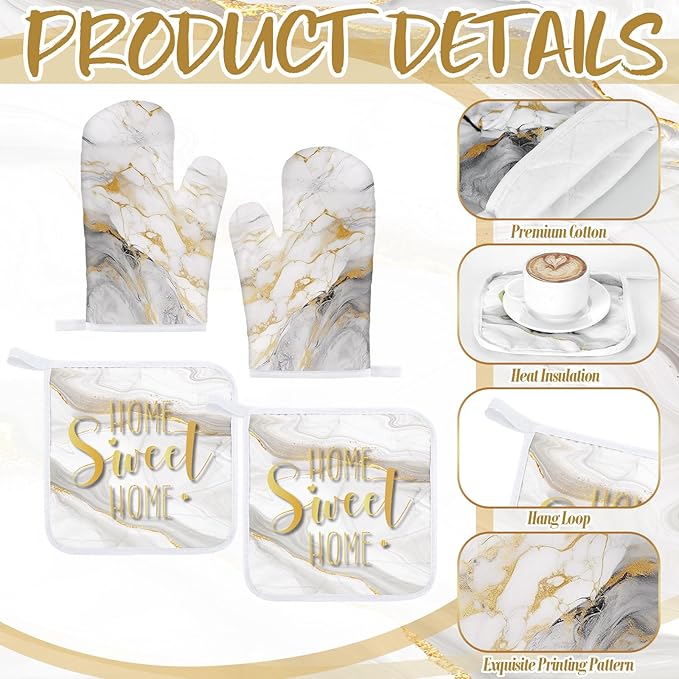 Bencailor 6 Pcs Marble Kitchen Decor Gold Pot Holders Oven Mitts 2 Dish Towels