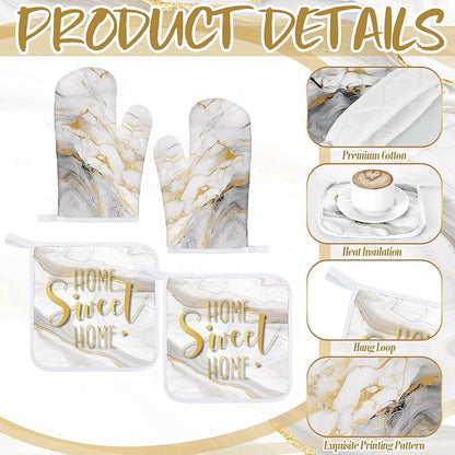 Bencailor 6 Pcs Marble Kitchen Decor Gold Pot Holders Oven Mitts 2 Dish Towels