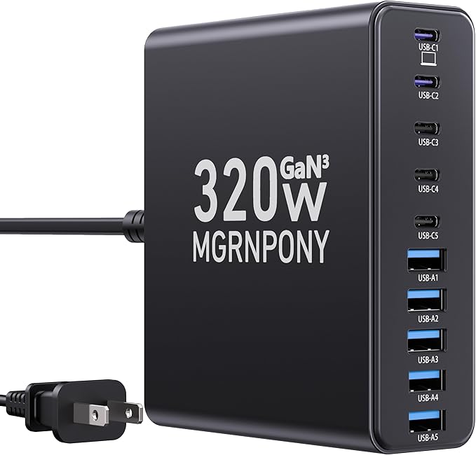 320W USB C Charger Block, 10-Port USB C Charging Station GaN III PD 65W Laptop