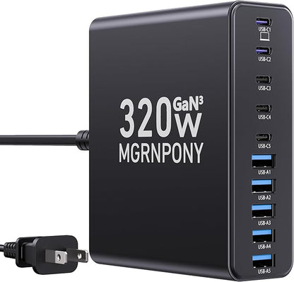 320W USB C Charger Block, 10-Port USB C Charging Station GaN III PD 65W Laptop