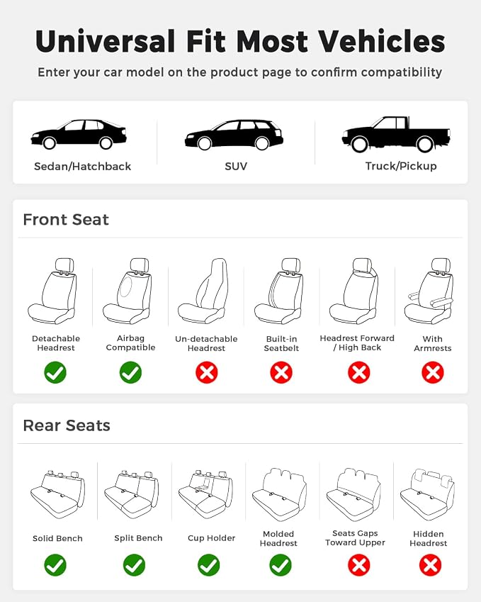 Huidasource Gray Seat Covers, Luxury Faux Leather Car Seat Cover, Velcro Adjustable, with Airbags, Seat Belts, Thinning Design Perforation Cooling＆Heating, Fit for Most Cars, Vans, Trucks, SUVs, Gray