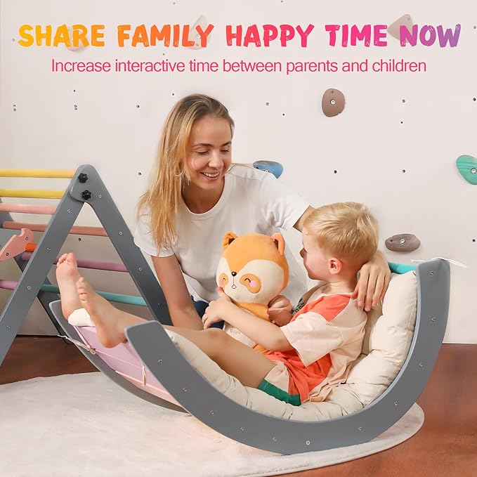 Pikler Triangle Set with Cushion Large, 5 in 1 Toddler Climbing Toys Indoor, Montessori Foldable Climbing Set for Kids, Wooden Playground Jungle Gym with Ramp, Arch and Ladder(Color-A)