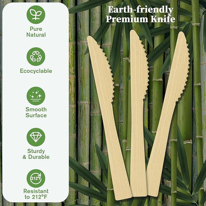 ECOLipak 300 Count Disposable Bamboo Knives, 6.7 Inch Bamboo Compostable Disposable Knives for Party, Wedding, Camping, Traveling, Family Dinners, Large Events