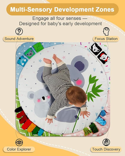 Baby Play Gym with 4 Developmental Zones – Tummy Time Mat & Activity Mat with 6 Sensory Toys, Visual Cards & Pillow – Baby Essentials & Ideal Gift for Newborns