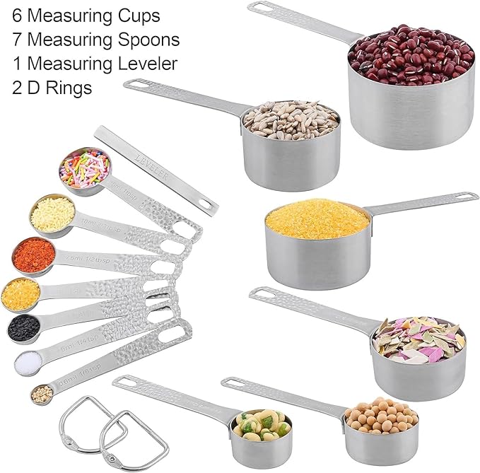 Measuring Cups and Spoons Set 14, Metric & US 18/8 Stainless Steel Measuring
