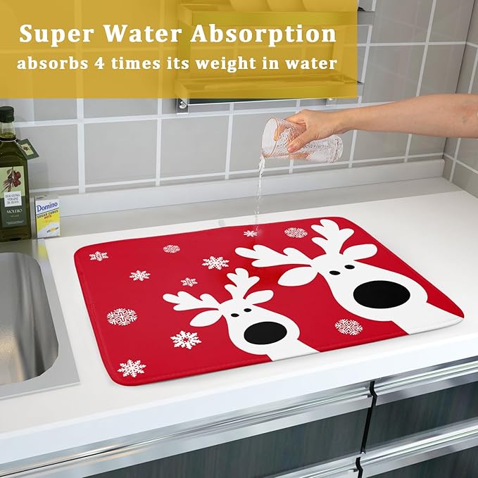 Christmas Dish Drying Mat for Kitchen Counter Cute Reindeer Winter Microfiber