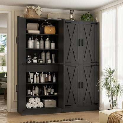 Unikito Kitchen Pantry Cabinet with Farmhouse Barn Doors and Storage Drawer, 8 Adjustable Shelves, Freestanding Tall 71" Cupboard for Dining Room, Living Room, Utility Room, Black 2 Pack