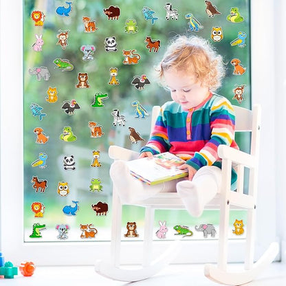 Whaline 2 Sheets Animal Alphabet Thick Gel Clings Cute Cartoon 26 A-Z Letters Animal Reusable Window Decals for Educational Spelling Learning Home Classroom Nursery Decor