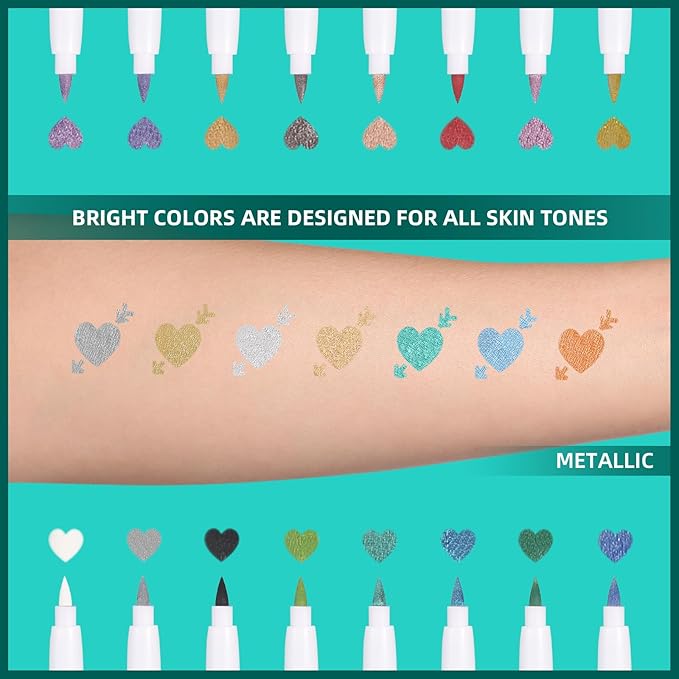 Temporary Tattoo Metallic Markers for Skin,16-Count Body Markers+77 Large Tattoo Stencils of Assorted Colors for kids and Adults,Flexible Brush Tip, Bright colors, Skin-Safe*,Cosmetic-Grade.