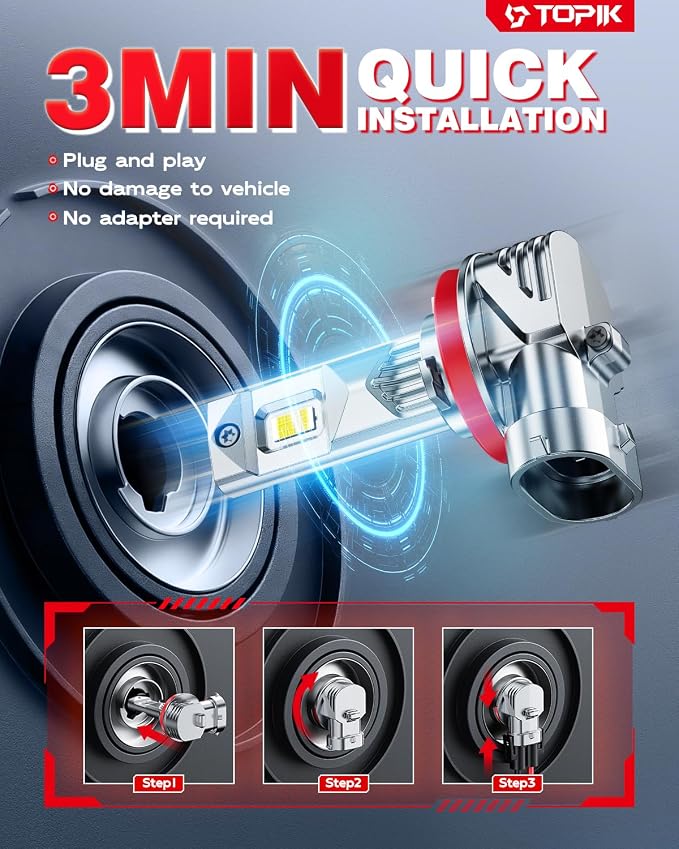 TOPIK 𝐁𝐫𝐢𝐠𝐡𝐭𝐞𝐬𝐭 H11/H9/H8 LED Bulbs 𝟑𝟖,𝟎𝟎𝟎𝐋𝐌 Brighter 6500K Cool White H11 Bulbs, Real 1:1 Mini Size Design, Plug and Play, CANbus Ready, 2 Pack